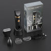 A set of three electric shavers and trimmers in black and gold packaging for body hair removal.