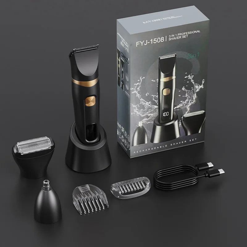 A set of three electric shavers and trimmers in black and gold packaging for body hair removal.