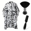A set of professional barber hair cutting cape and styling accessories including a brush and comb.