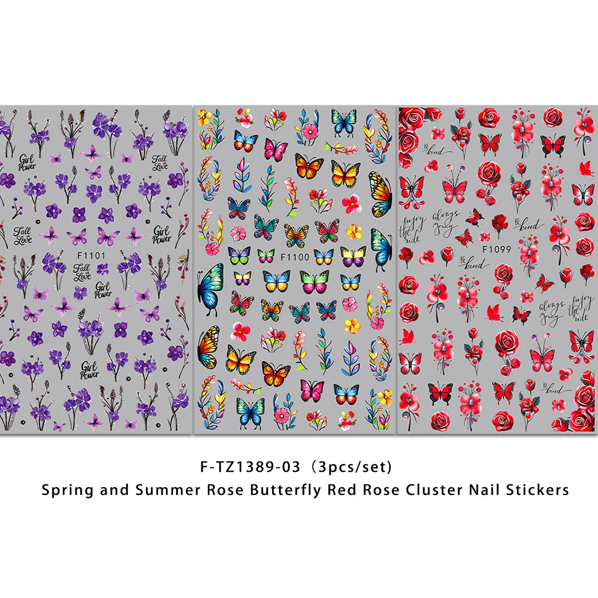 A collection of pink, red, and purple flower and butterfly nail stickers for DIY decoration.