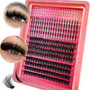 A pink box of Manga Lash Clusters with bottom and spikes for DIY eyelash extensions is shown with close-up examples.