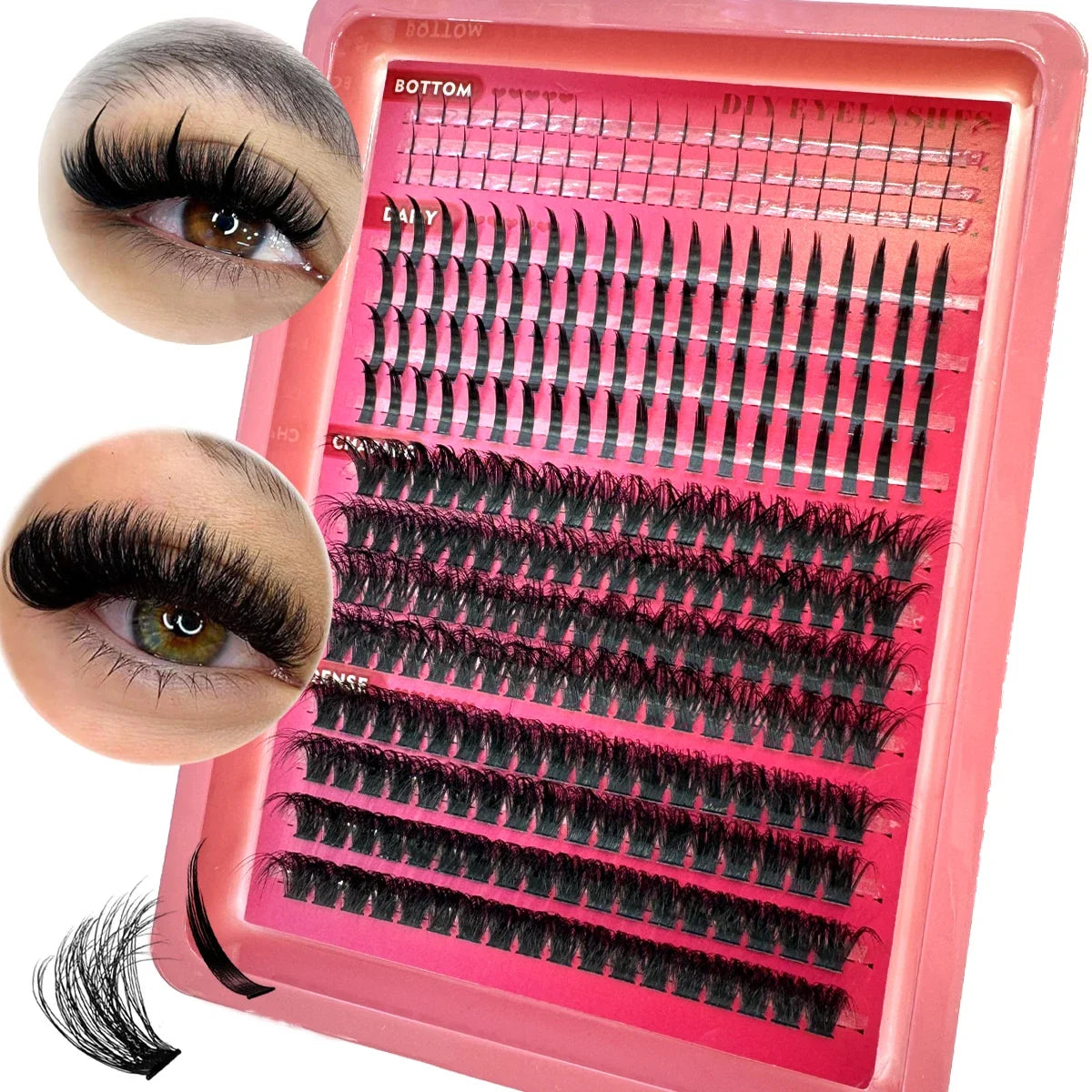 A pink box of Manga Lash Clusters with bottom and spikes for DIY eyelash extensions is shown with close-up examples.