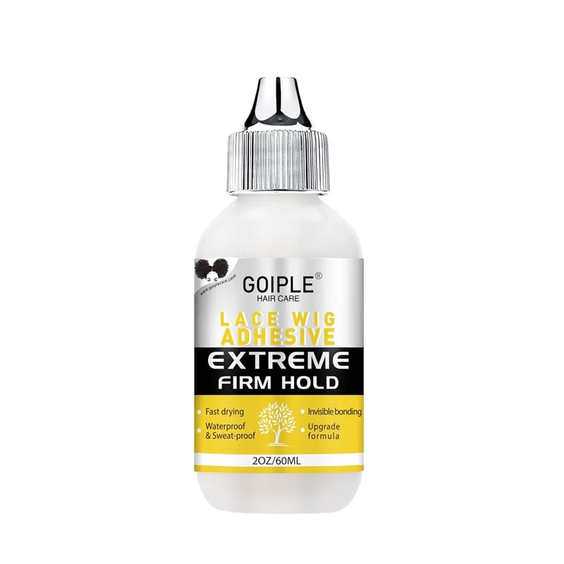 Flacon de produit de soin pour cheveux GOIPLE Lace Wig Adhesive avec un cap argenté et un liquide blanc.