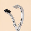 A close-up of a stainless steel wide-angle eyelash curler with a black pad.