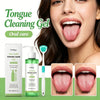 A woman shows before and after results of a Tongue Cleaning Gel kit for oral care