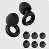 A set of black reusable high-fidelity ear plugs, including a ball and a loop design.