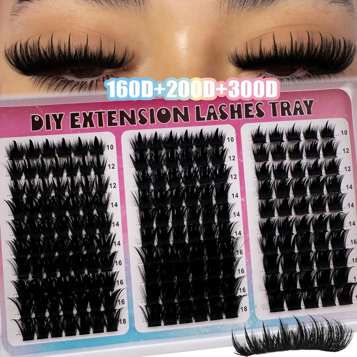A tray of DIY extension lashes showing various lengths and styles for lash extensions