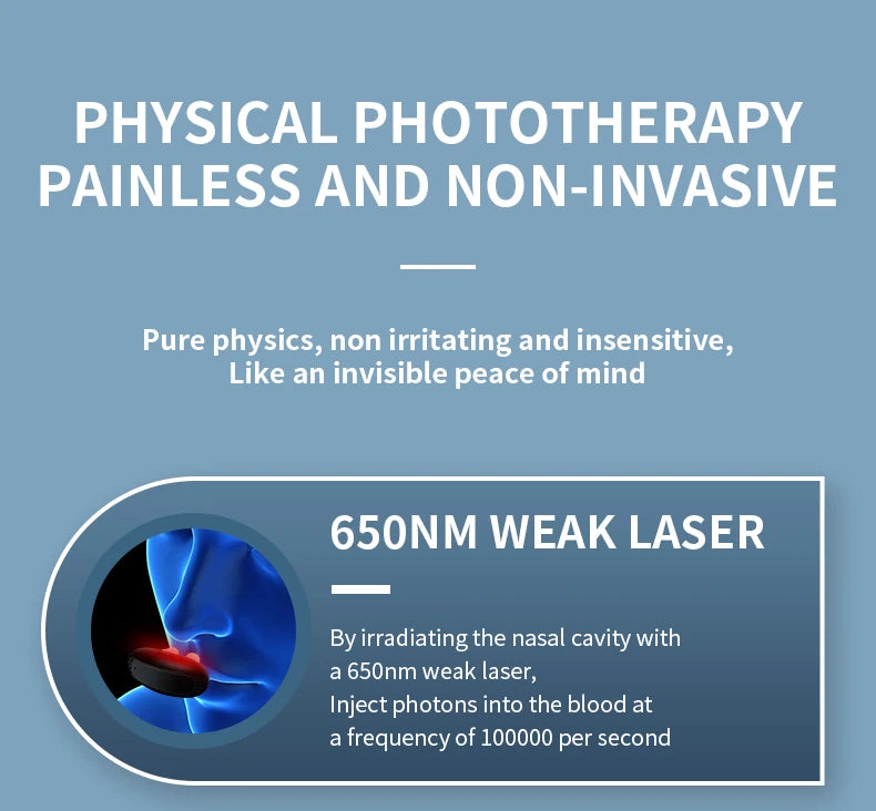 A diagram illustrating a 650nm weak laser irradiating the nasal cavity to inject photons into the blood at 100,000 times per 