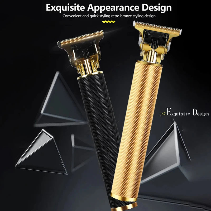 A pair of professional USB rechargeable hair clippers with gold and black styling designs shown against a dark background.