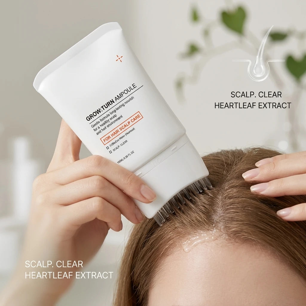 Una mano aplica una ampolla blanca a un cepillo masajeador para el cuero cabelludo para el cuidado del cabello.