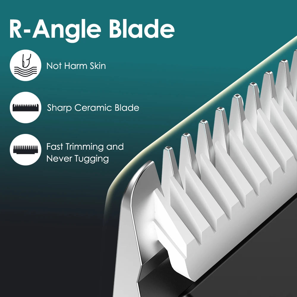 Close-up of an R-Angle blade attachment for a precision electric body hair trimmer showing its features.
