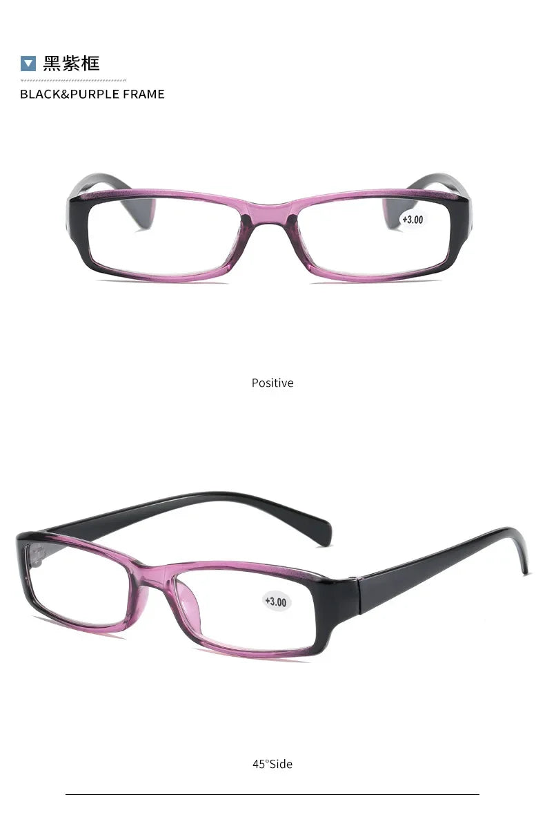 A pair of black and purple frame reading glasses shown in a straight-on view.