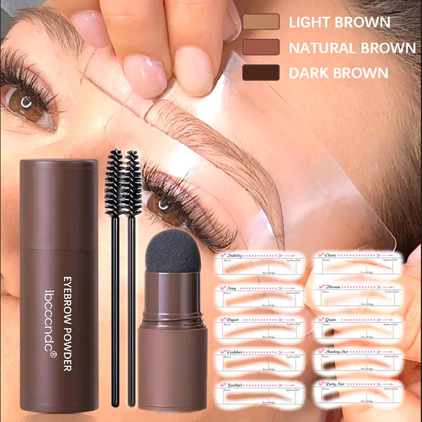 A brown eyebrow powder kit showing a brush, stencils, and cosmetic application on an eye.