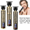 Three gold and black electric hair clippers with precision blades shown next to a man using one.