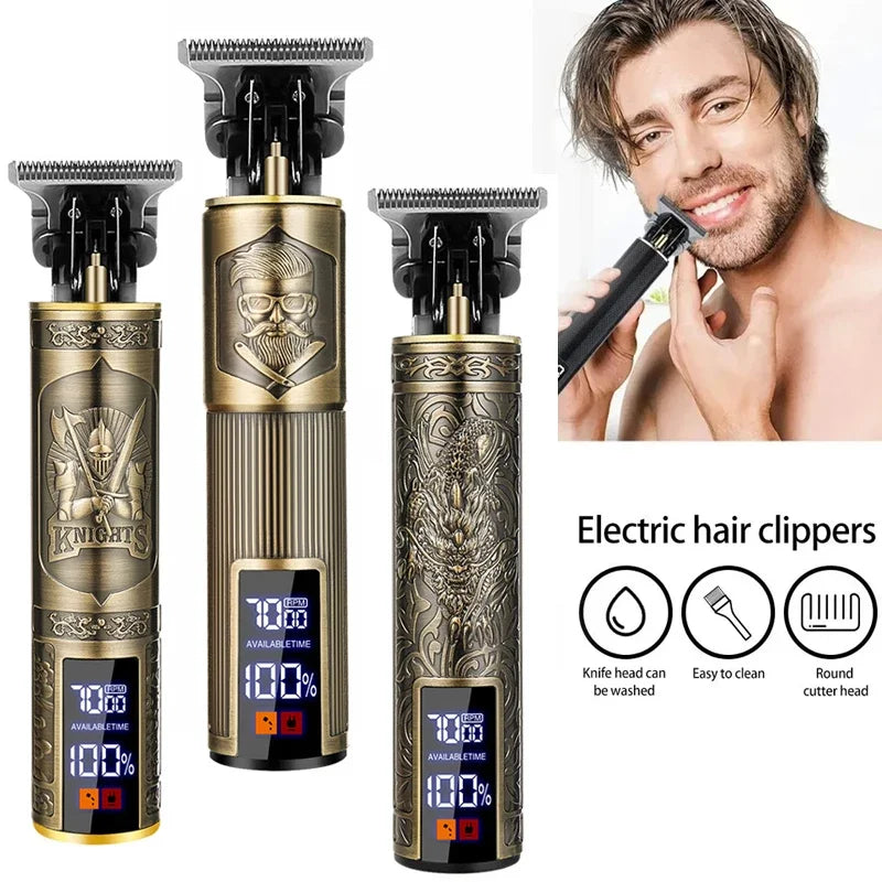 Three gold and black electric hair clippers with precision blades shown next to a man using one.