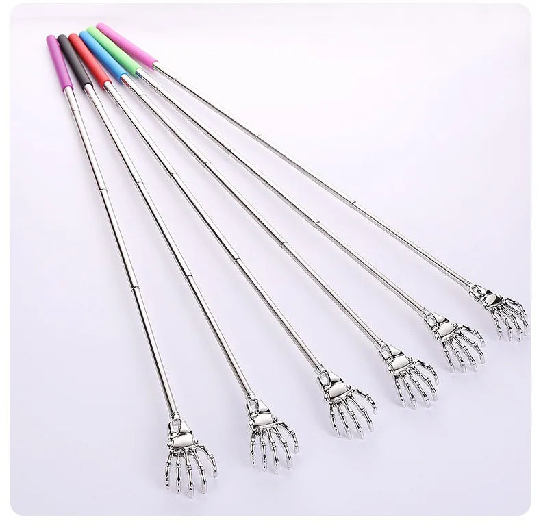 A set of telescoping stainless steel back massagers with colored tips arranged diagonally on a white background.