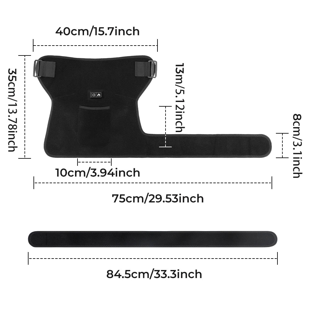 Black infrared heat and vibration hip massager belt shown with dimensions.