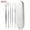 A set of five professional multi-tool tooth cleaning instruments including a mirror and various dental tools