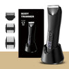 A black professional body trimmer with a detachable guard and charging base is shown on a dark background.
