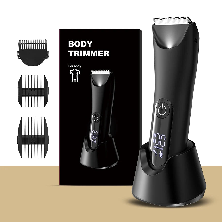 A black professional body trimmer with a detachable guard and charging base is shown on a dark background.
