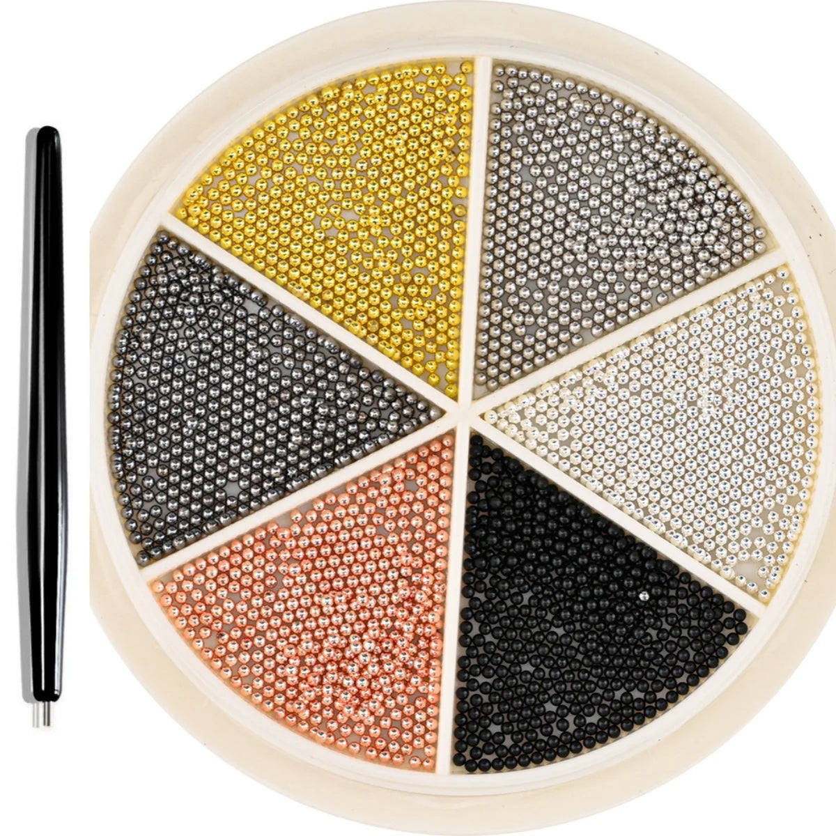 A circular display of mixed gold and silver stainless steel beads for nail art decorations.