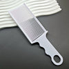 A white professional barber hair cutting comb with a handle is shown next to a white striped headband.
