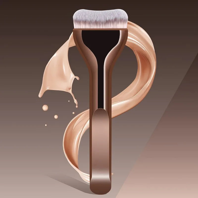 A professional foundation brush with soft nylon bristles shown in a vertical, curved display.