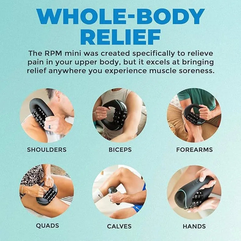 Image showing a rechargeable electric deep tissue muscle roller used for relief on shoulders, biceps, forearms, quads, calves