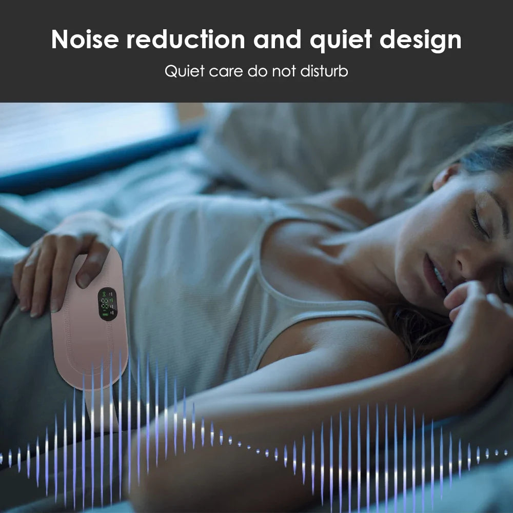 A woman is using a pink electric massager belt for noise reduction and quiet design while resting.