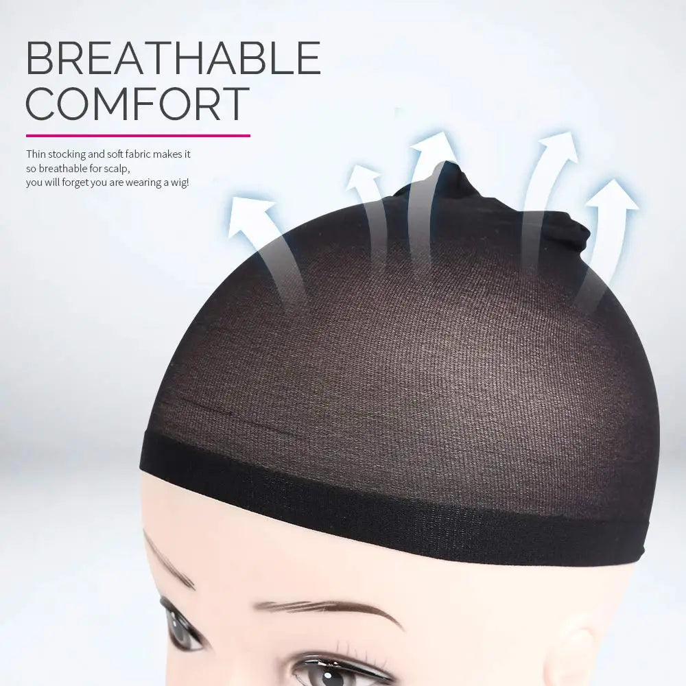 A close-up of a black nylon wig cap or stocking placed on a mannequin head.