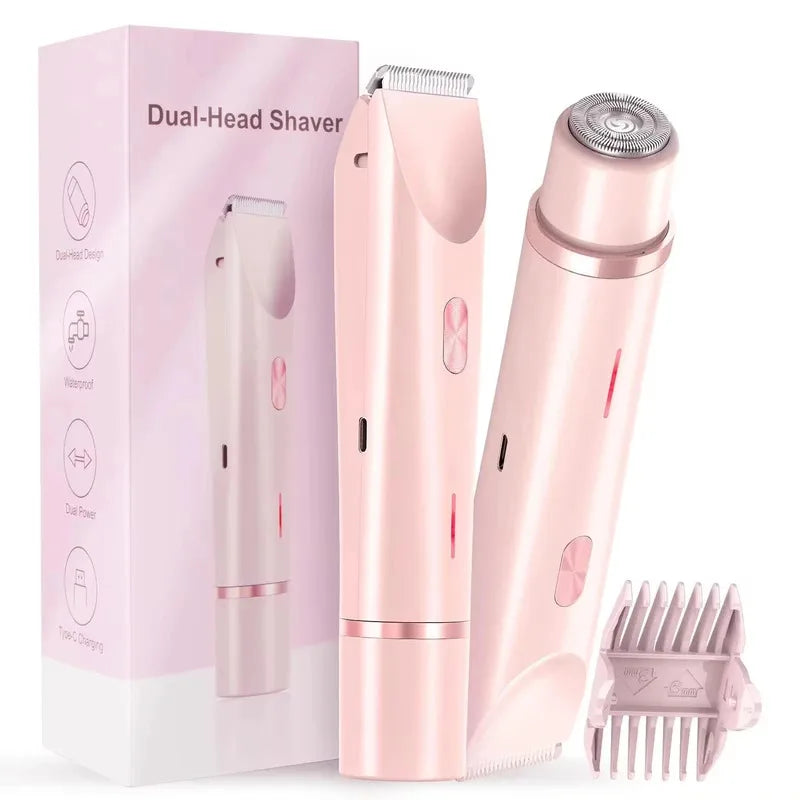 A pink dual-head shaver and a grooming kit shown next to its packaging.