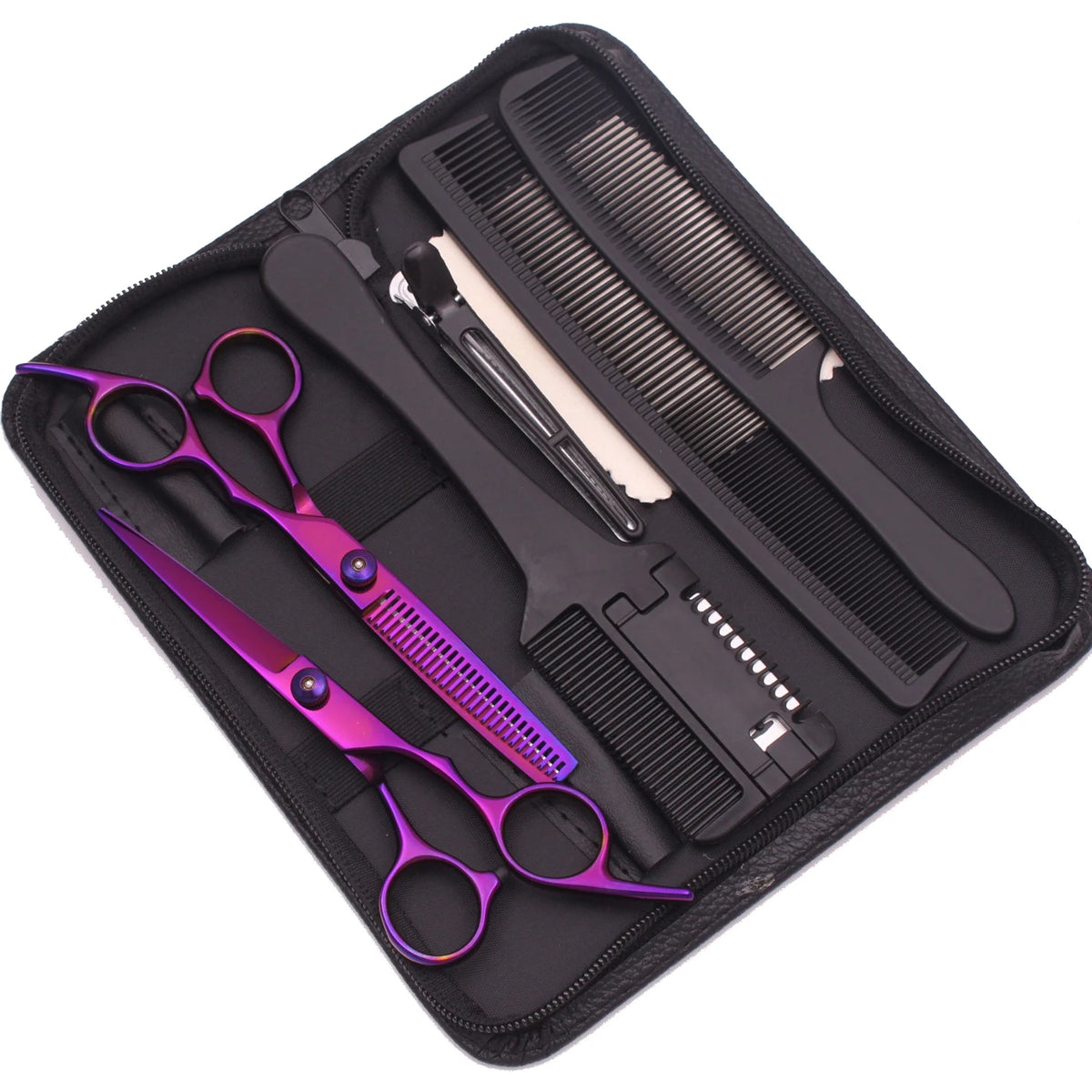 A black zippered case containing professional stainless steel hairdressing scissors and combs.