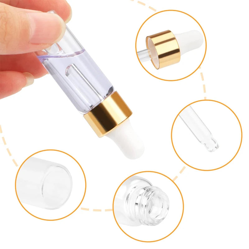 A set of ten glass dropper bottles for essential oils and samples shown in various angles.
