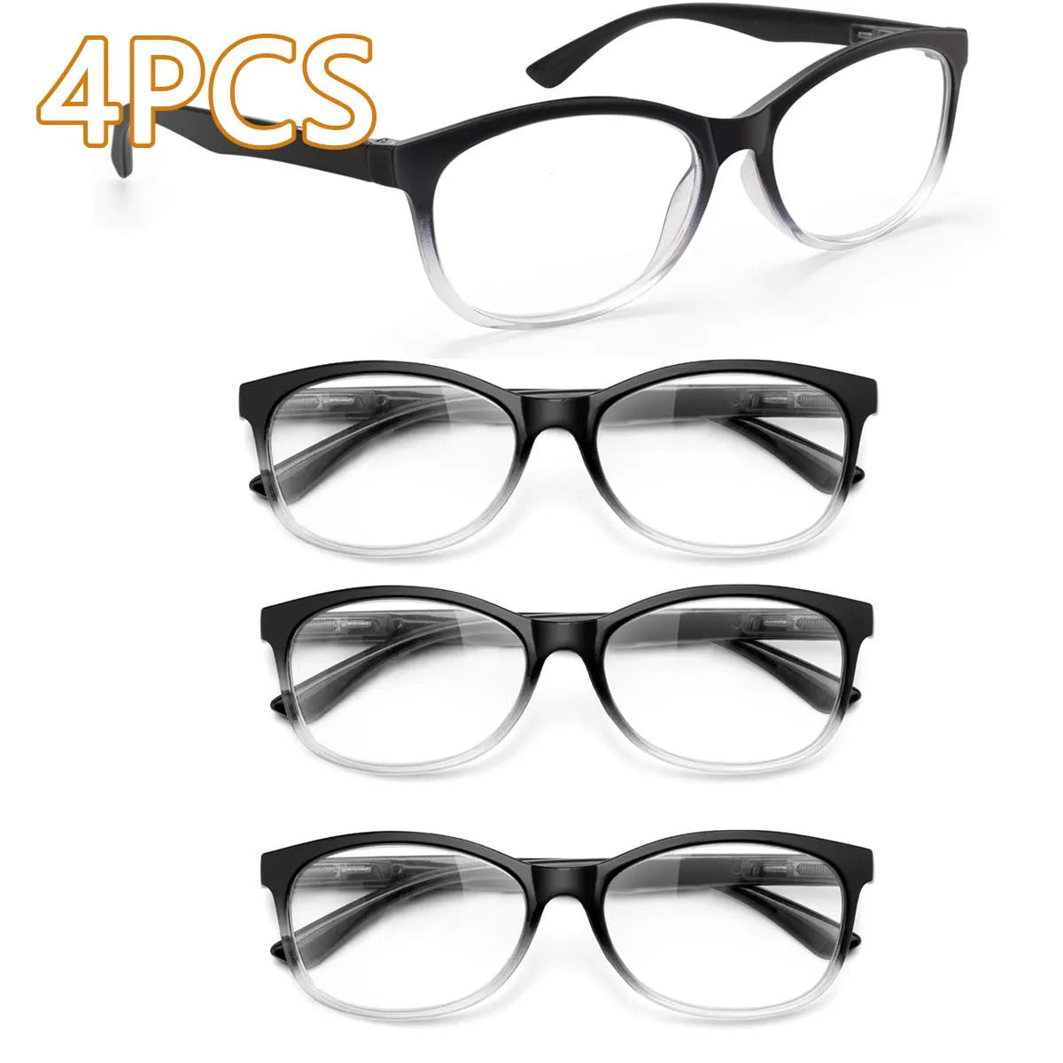 Un set de quatre lunettes de lecture noires multifocales avec protection anti-lumière bleue, vues variées.