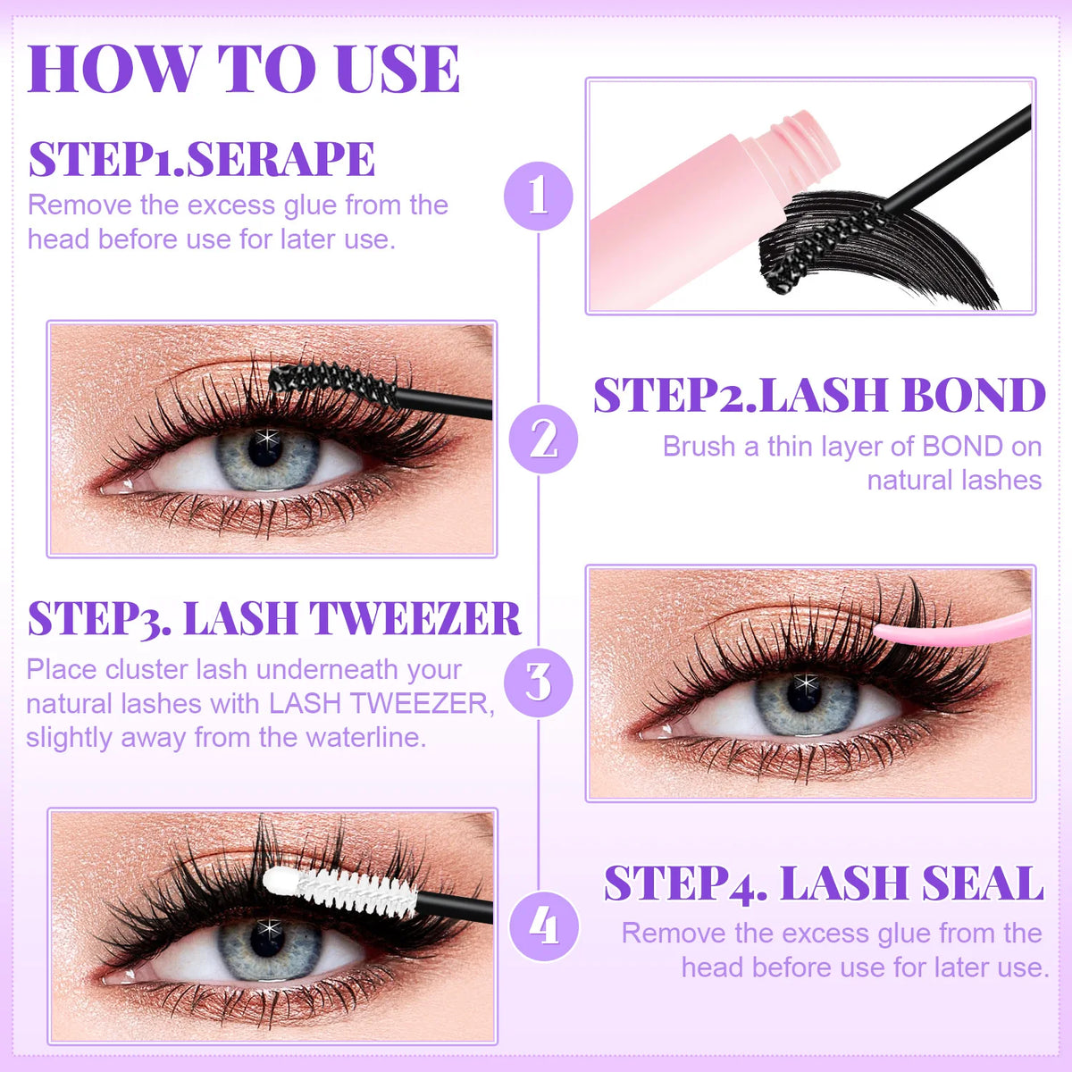 Instrucciones para usar un kit profesional de extensiones de pestañas, mostrando pasos para quitar pegamento y fijar las pest