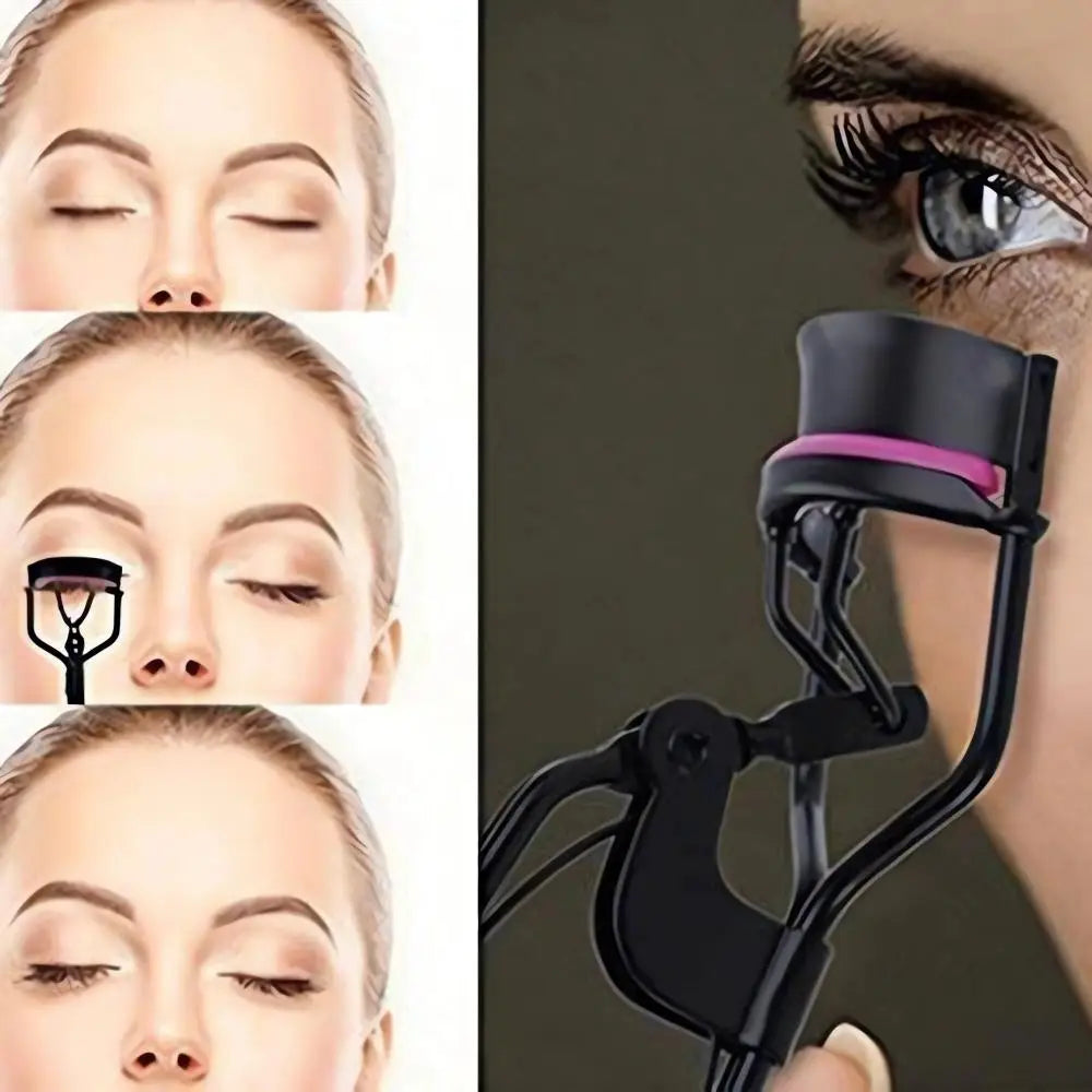 A close-up of a professional eyelash curler device and replacement pads being used on an eye.