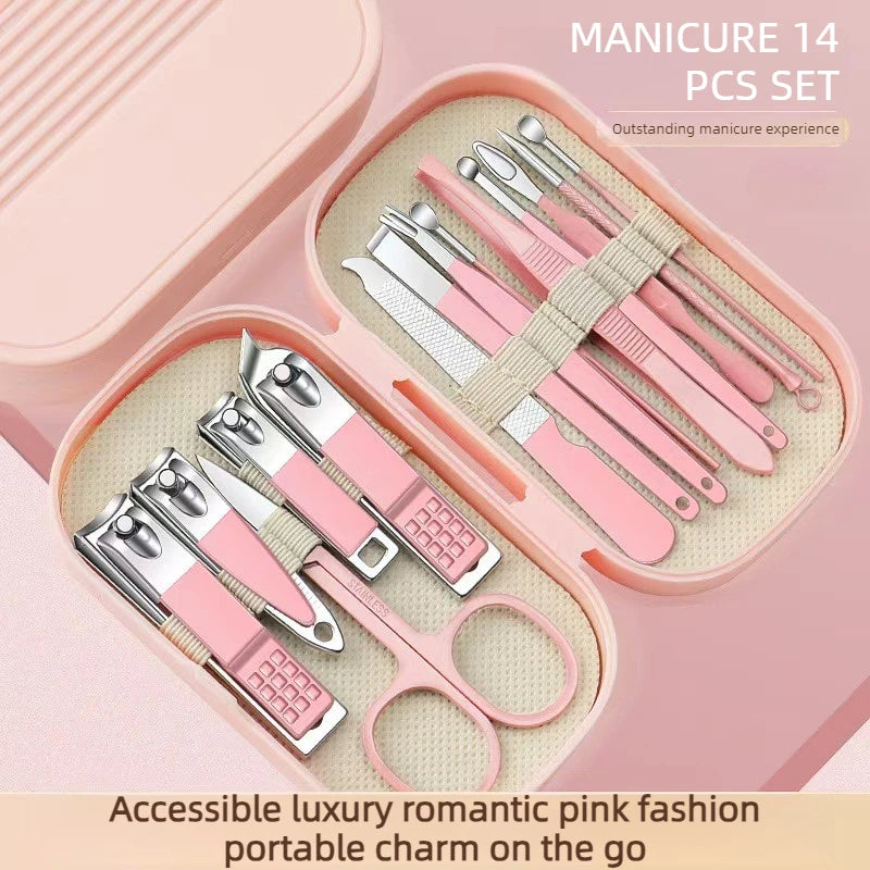 A pink manicure set of 14 pieces including various nail clippers and tools displayed in a storage box.