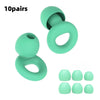 Ten pairs of light green silicone ear plugs shown in various forms and sizes.