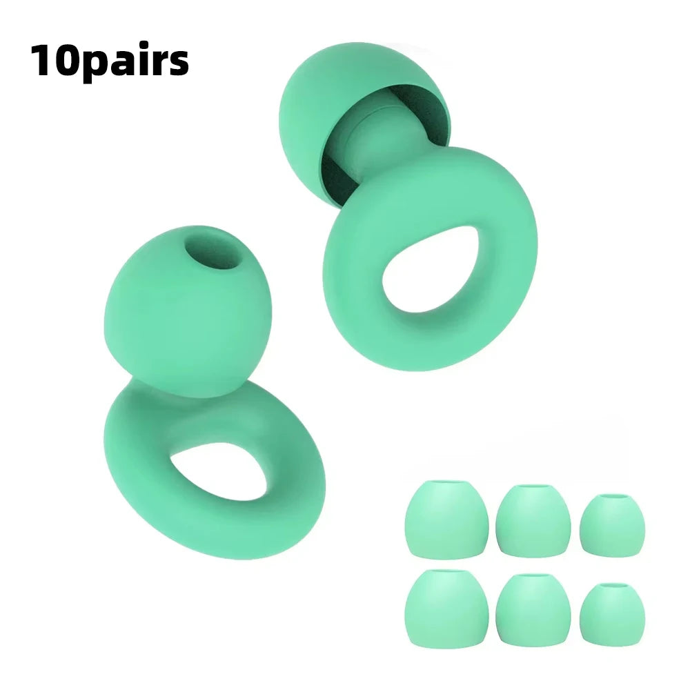 Ten pairs of light green silicone ear plugs shown in various forms and sizes.