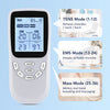 A white portable EMS muscle stimulator device showing various modes like TENS, EMS, and Mass with digital displays.