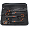 A black zippered case containing professional stainless steel hairdressing scissors and grooming tools.