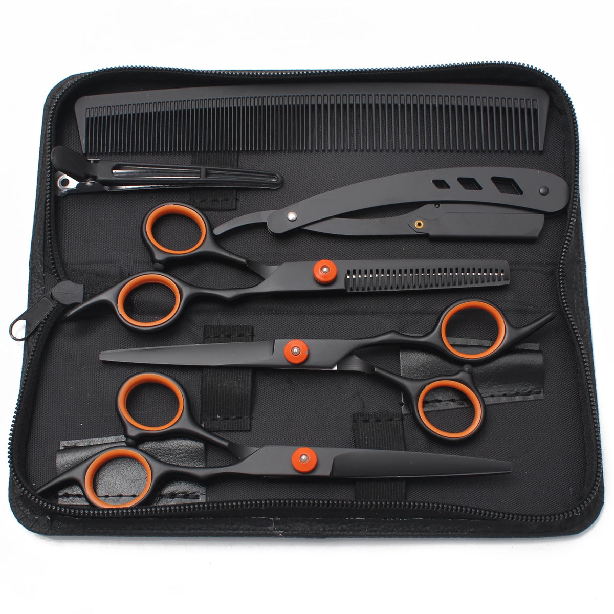 A black zippered case containing professional stainless steel hairdressing scissors and grooming tools.