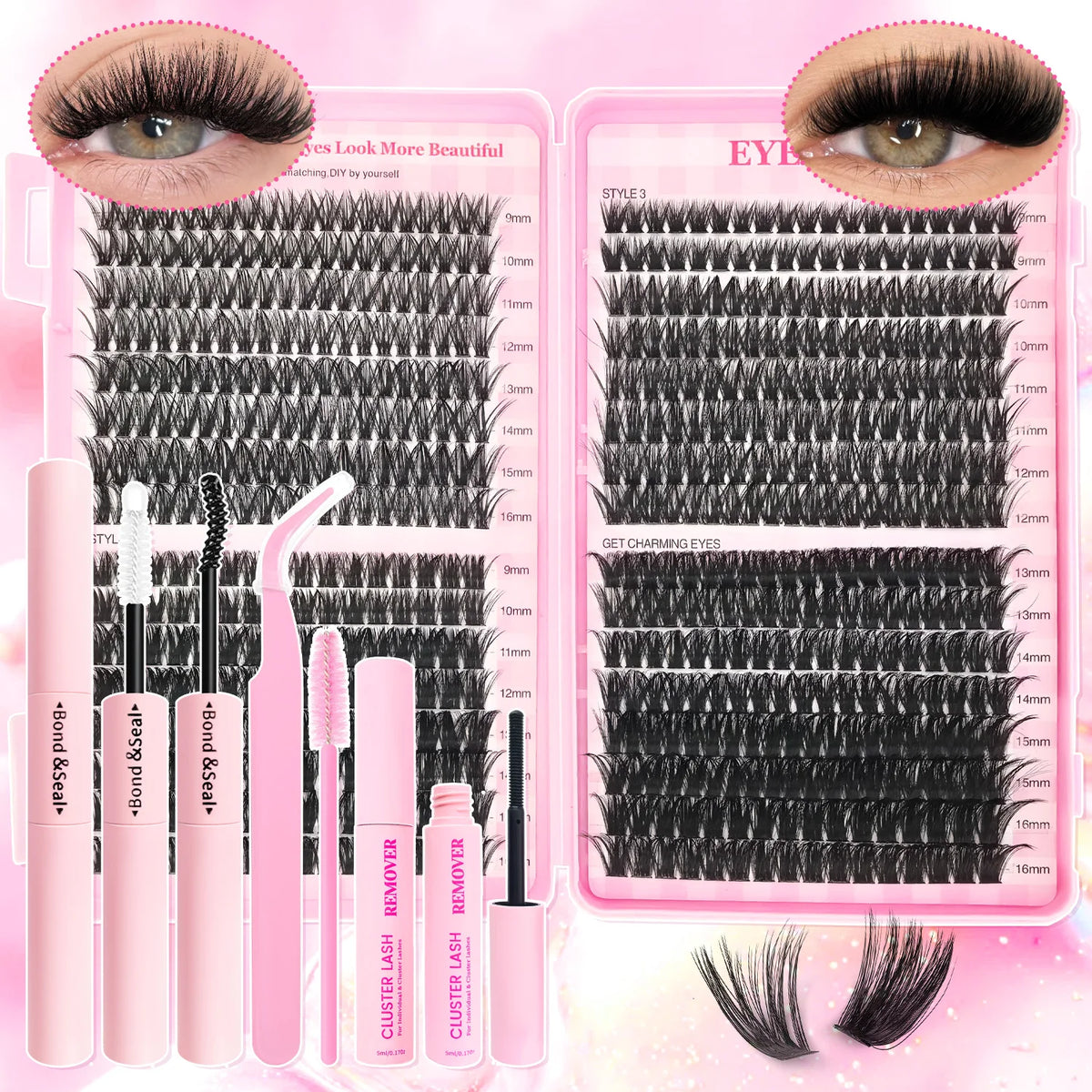 A pink and black DIY eyelash extension kit showing various lash types and tools for applying and removing extensions.