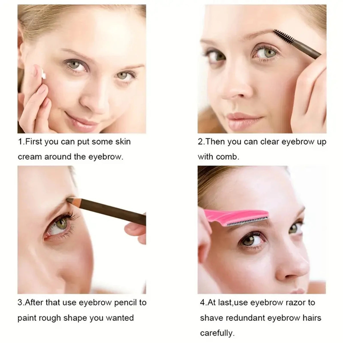 Step-by-step guide showing how to use an eyebrow pencil and razor to shape and remove brow hairs.