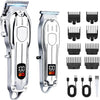 A silver professional cordless hair clipper trimmer set with multiple guard attachments and charging cables.