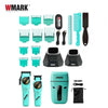 A collection of WMARK professional cordless hair trimmer tools including guards and attachments.