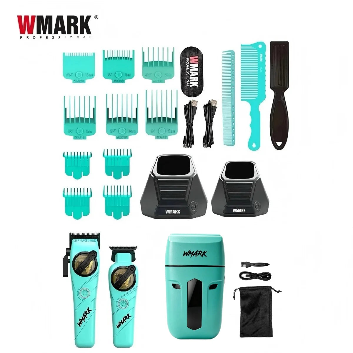 A collection of WMARK professional cordless hair trimmer tools including guards and attachments.