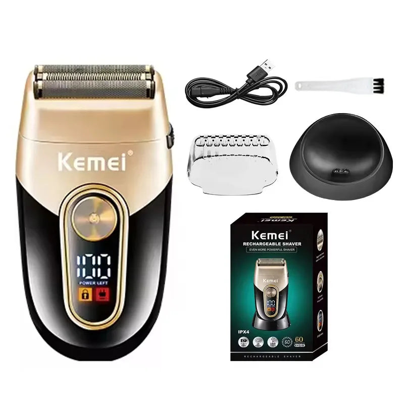 A beige and black rechargeable electric shaver kit shown with various attachments.