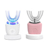 A pink ultrasonic electric toothbrush with a white base and blue light features a curved silicone head.