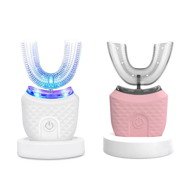A pink ultrasonic electric toothbrush with a white base and blue light features a curved silicone head.